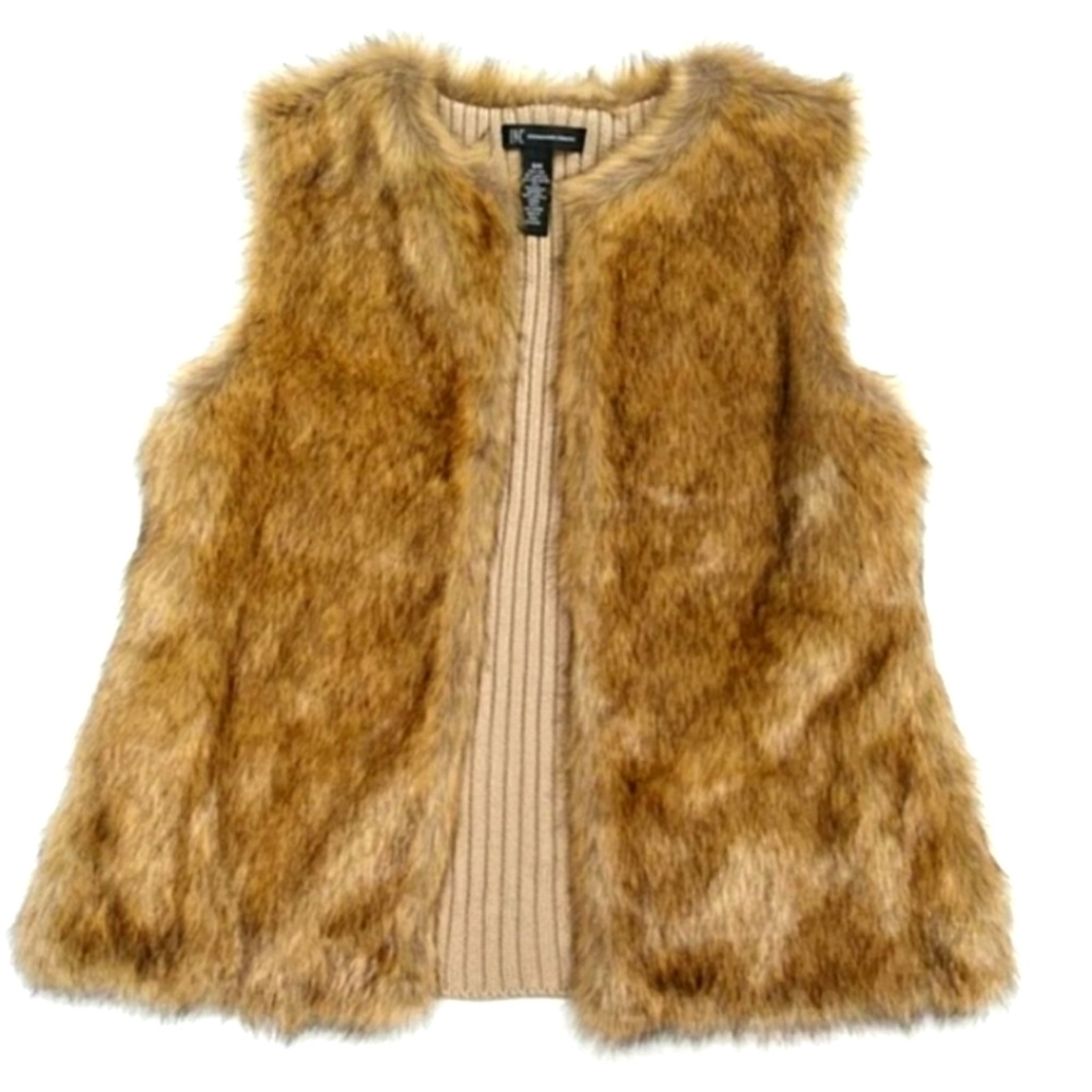 INC International Concepts Solid Knit Faux Fur VEST S/M TAUPE/ NATURAL